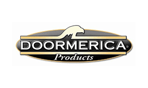 Logo of dooramerica products featuring a stylized eagle above the text on a metallic oval background.