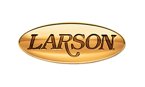 Gold oval plaque with the word "larson" embossed in black letters on a white background.