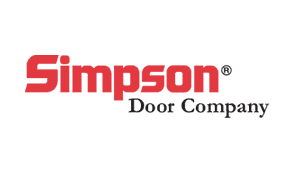 Logo of simpson door company featuring the word "simpson" in large red letters above the smaller "door company" in black, with a registered trademark symbol.