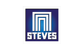 Logo with concentric rectangular shapes in shades of blue, featuring the word "steves" in white block letters at the center.