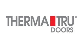 Logo of therma-tru doors featuring the company name in grey letters with a red rectangular shape between "therma" and "tru.