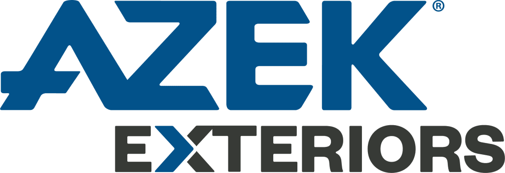 Logo of azek exteriors featuring stylized text with "azek" in large green letters and "exteriors" in smaller green letters below, accompanied by a blue swoosh to the left.