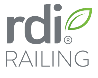 Logo of rdi railing, featuring the text "rdi" in lowercase with a stylized leaf design next to it, all in green on a transparent background.