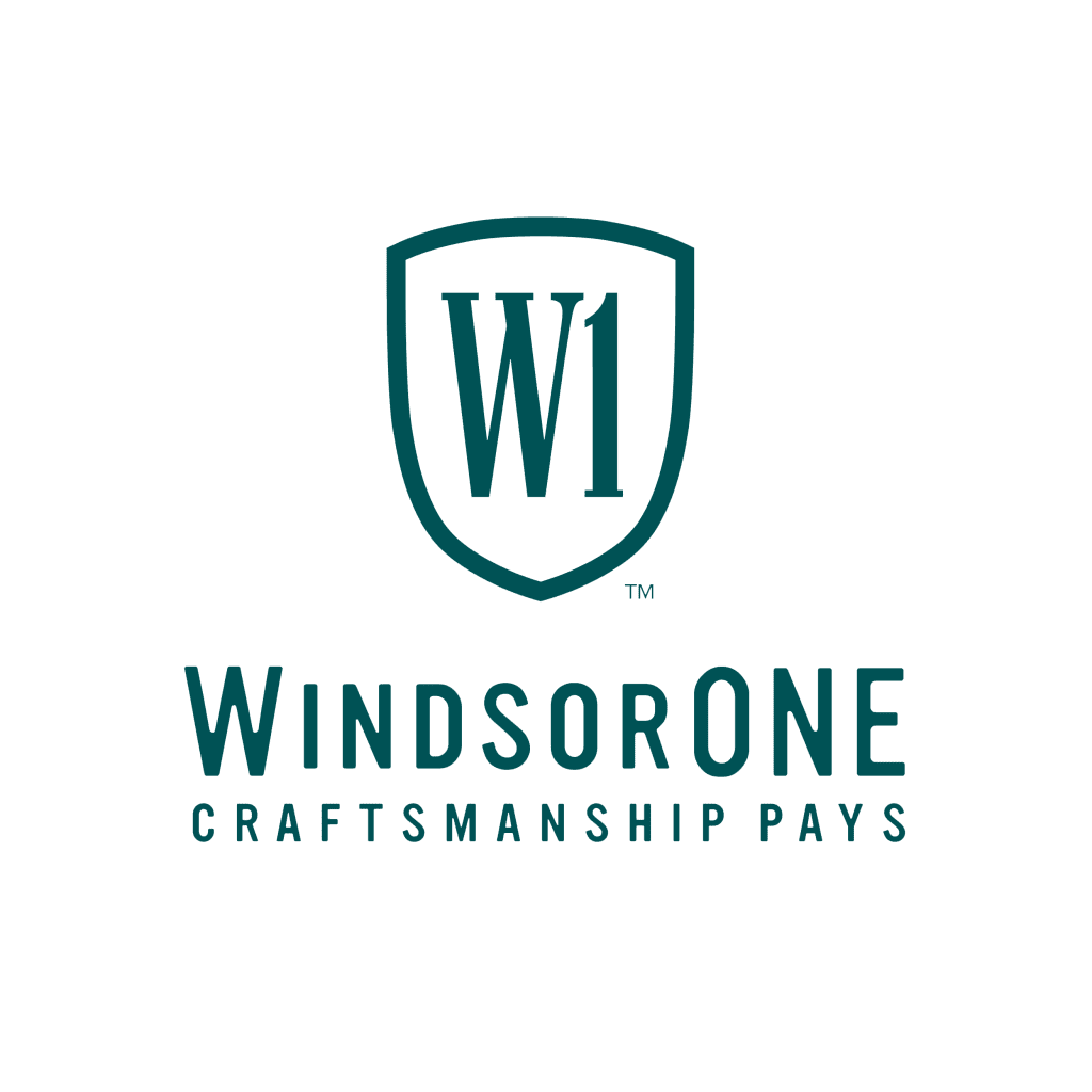 Logo of windsorone featuring a shield with a "w1" monogram above the phrase "craftsmanship pays," set against a green background.