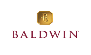 Logo of baldwin, featuring a golden hexagonal emblem with the letter "b" and the brand name in red, elegant script on a white background.