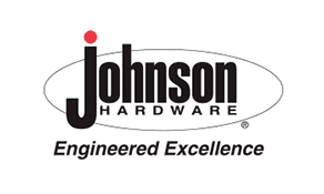 Logo of johnson hardware featuring the company name in black with a red dot above the 'j' and the tagline "engineered excellence" underneath.