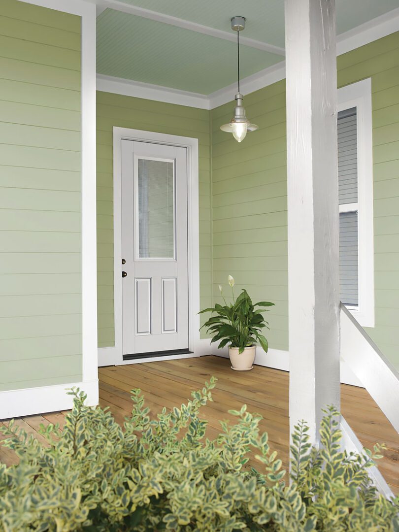 Porch of a house with light green walls, hardwood floor, and a white door, decorated with a potted plant and surrounded by lush greenery.