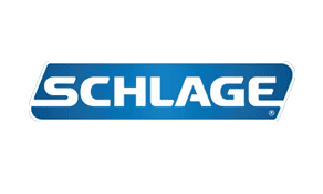 Logo of schlage featuring white text on a blue rectangular background with a curved right edge.