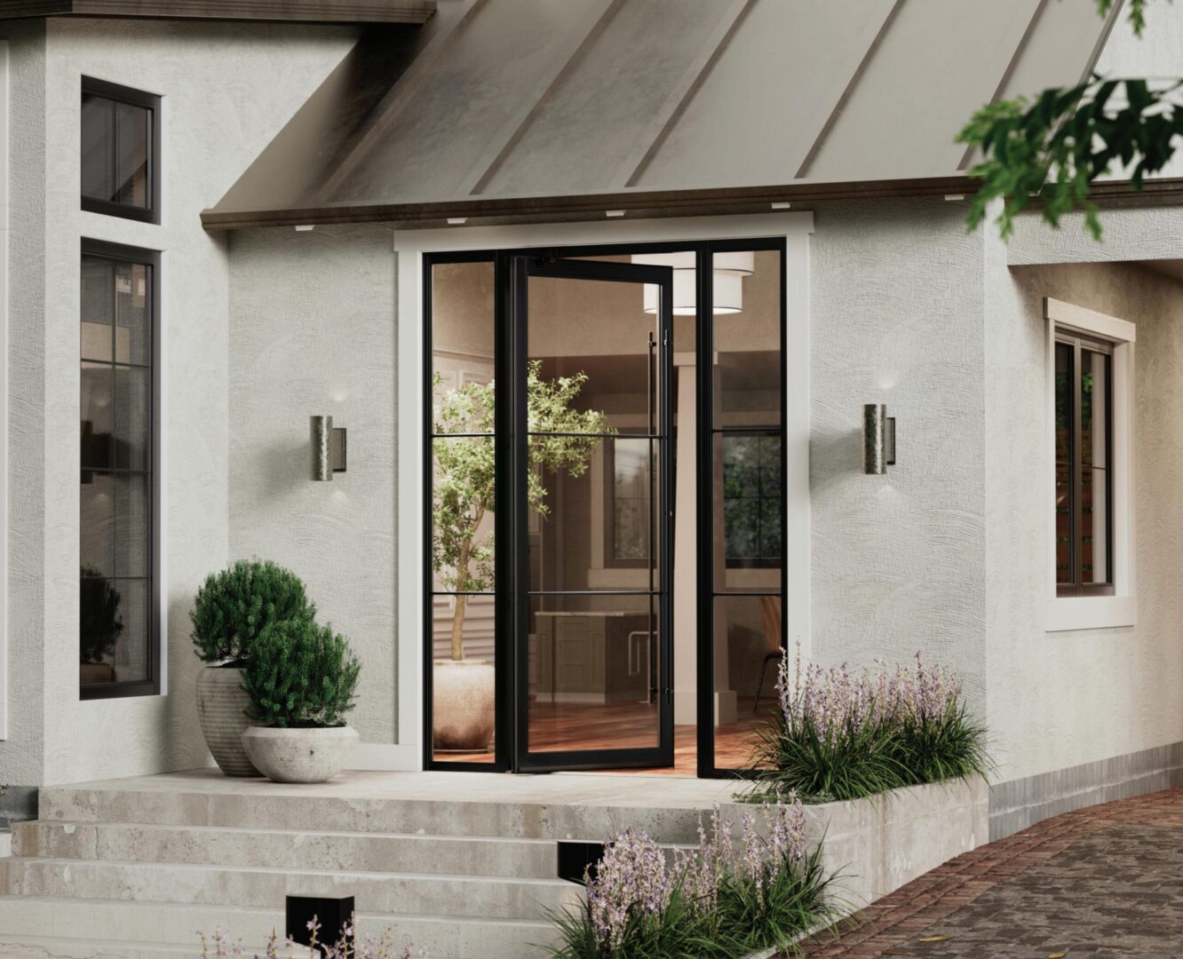 A house with a large patio door and plants.